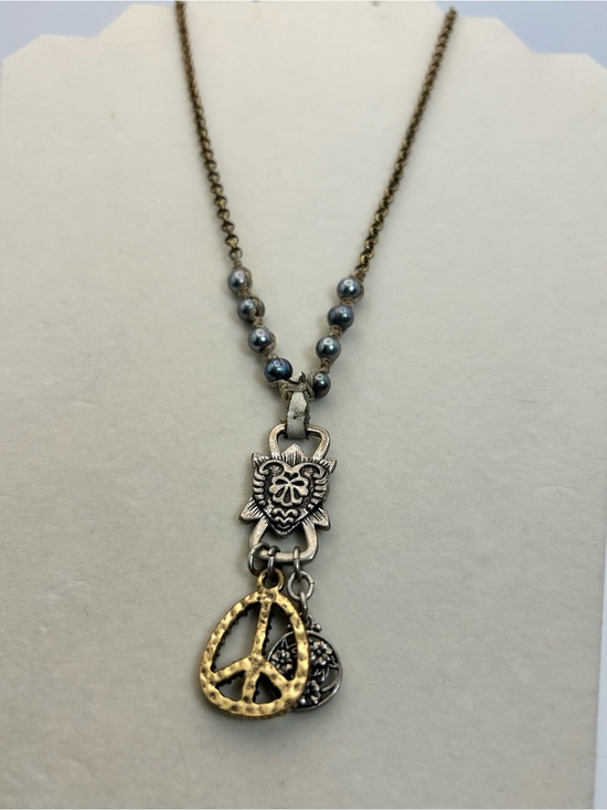 Lucky Brand Jewelry - Lucky Brand Vintage Peace Sign Charm Necklace Macrame Beaded Antiqued Bronze 22"